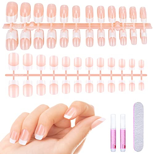 MELLIEX 192 Stück Kunstnägel Kit, Französisch Fingernägel Kurz Natürliche Falsche Nägel Zum Aufkleben Press on Nails für Frauen, 10 Größen