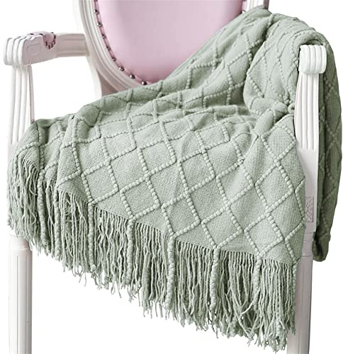 Hayisugal Wohndecke Weich Strick Wolldecke Quaste Kuscheldecke Sofadecke Schlafdecke Decke, Hellgrün, 125 x 210cm