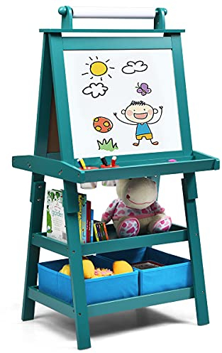 LIFEZEAL 3 in 1 Kindertafel, Staffelei Kinder mit Doppelseitiger Tafel, Standtafel mit 2 Ablageebenen, Whiteboard & Kreidtafel & Papierrolle, Maltafel mit 2 Aufbewahrungsboxen, Magnettisch (Blau)