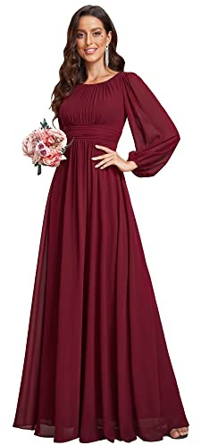 Ever-Pretty Women's Crewneck Long Lantern Sleeves Floor Length A-Line Pleated Chiffon Formal Dress Burgundy US08