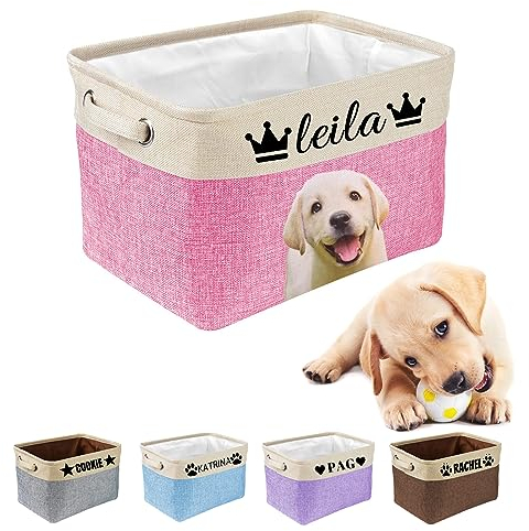 Buaodam Personalised Dog Toy Box, Custom Bin with Name, with Handles Collapsible Storage Basket, for Organizing Dog Cat Clothes,Shoes,Pet Accessories,15x9.45x10.24,5 Colors