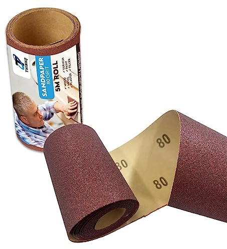 ThinkQ Aluminum Oxide Abrasive 80 Grit Fine Sandpaper Roll 5m x 115mm Sanding Paper Ideal for Metal, Non-Metal, Wood, Automotive for Smoothing Rough Walls and Other Materials (80 Grit)