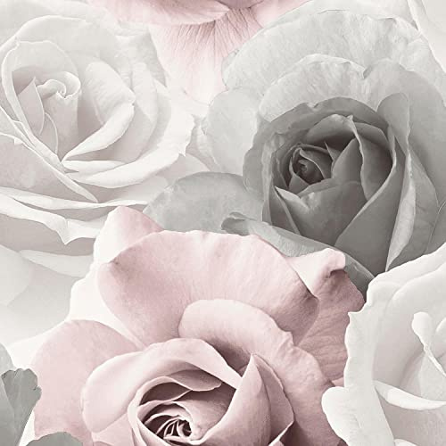 Rhoda Rose Pink Wallpaper - Floral Flowers Grey White - Modern Contemporary Glamorous Feature Wall
