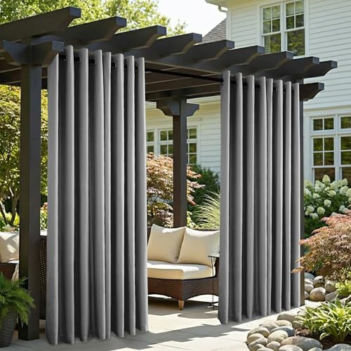 Clothink 2er Set Outdoor Vorhang Wetterfest Mit Ösen, Outdoorvorhänge Wasserdicht Outdoor Gardinen Sonnenschutz Sichtschutz für Balkon Pergola Terrasse Veranda (132x215cm, Grau)