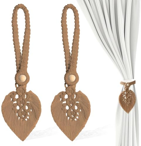 Vorhangseil Raffhalter,Vorhang Raffhalter Gardinen Halter Handgemachte Vorhang Raffhalter Vorhangspangen Raffhalter für VorhäNge Kaffeefarbe Boho für Schlafzimmer BüRo Deko Gardinenhalter 2 Stück