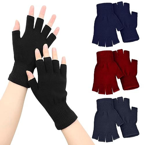 VEGCOO 4 Paires Mitaines Femme Homme, Gants sans Doigts en Tricot d'Hiver pour Femmes Hommes (Noir/Gris/Rouge/Bleu)