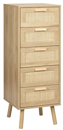 Finnhomy Rattan Chest of Drawers Bedroom, Tall Chester Drawers with 5 Hand Made Rattan Decorated Drawers for Bedroom, Small Bedside Cabinet with Wood Legs, Natural