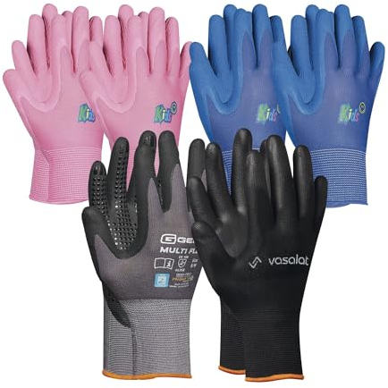 Arbeitshandschuhe Kinder 5-8 Jahre - Kinder Gartenhandschuhe in 2x Pink und 2x Blau + 1x Multiflex Handschuhe mit Noppen Gr. 11