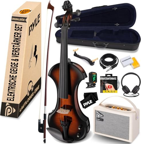 Pyle 4/4 Silent Electric Violin with Amplifier Kit, Solid Wood Fiddle with 10W Amp and Complete Accessories, Full Size Orchestral String Instrument For Beginner & Professional Use