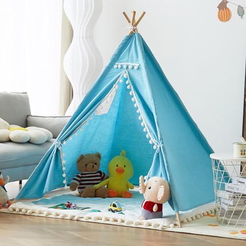 Uixxducc Tipi Zelt für Kinder,Tipi Kinderzelt Zelt Kinderzimmer, Kinderzelt für Drinnen Spielzelt Kinder Indoor Lesezelt Kuschelecke Kinderzimmer Deko (Blau,1.35M)