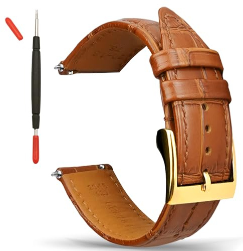 Gomvadr Handgemachte Echtleder Uhrenarmband Schnellspanner Leder Uhrenarmbänder Ersatz mit Edelstahl Schnalle Schließe für Frauen Mann (22mm, Tan/Gold Buckle)