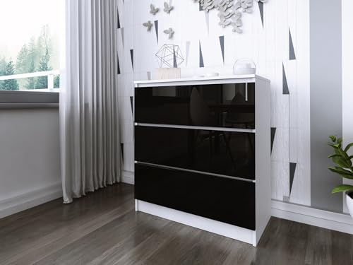 Faizee Möbel Schubkastenkommode Zoe 80-3 Schubladenkommode (Schwarz Hochglanz, Korpus: Weiß)