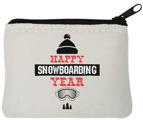 Minimalist Beanie Happy Snowboarding Year Neoprene Coin Purse Pouch 10x11cm White