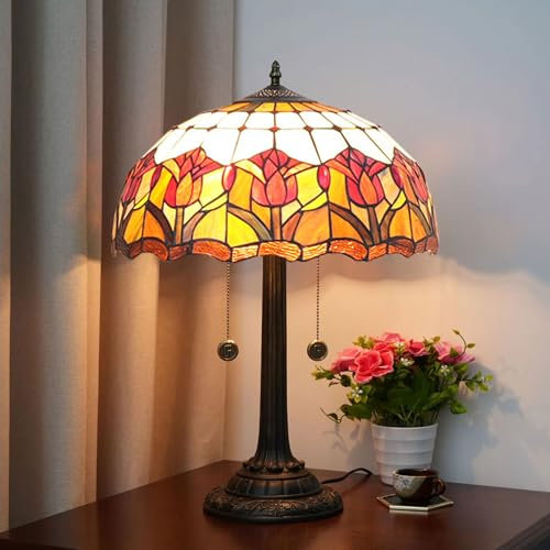 BOTOWI 16 Zoll Rote Tulpe Lampe Buntglas Tischlampe Tiffany Stil Nachttischlampe für Schreibtisch Leselicht Schlafzimmer Schlafsaal Wohnheim Wohnküche Wohnkultur