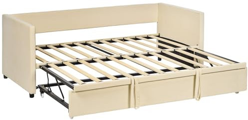 HOMCOM Bäddsoffa, 2-i-1 bäddsoffa, 2-sits och utdragbar dubbelsäng, 2-i-1 bäddmadrass, kompatibel med 90 x 190 cm, ribbotten, sammetsvadderad sänggavel, krämvit
