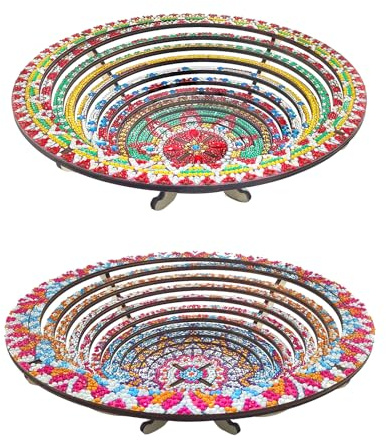 Bandeja redonda de pintura de diamante para manualidades, bandeja de madera para servir con diseño de diamante, bandeja de madera retráctil con soporte, pintura de diamantes, bandeja de madera para