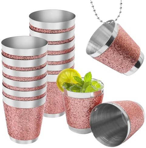 CoKeeSun 12 Pezzi Bicchieri da Liquore da Appendere, 30ml Bicchiere da Shot in Acciaio Inox con Catena, Colore Rosa, Per Feste di Matrimonio Addio al Celibato Carnevale Degustazione di Vino