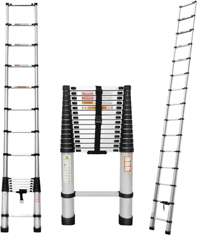 Telescopic Ladder 14.4FT/4,4M Multi-Purpose Folding Aluminium Foldable Ladder Extendable Portable Lightweight for Outdoor Indoor Work, 330lb Capacity