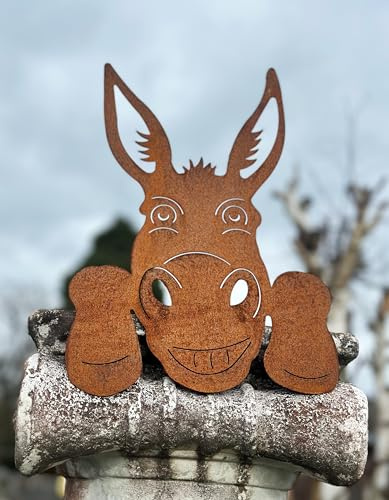 STEINFIGURENWELT GIEBEN Gartenfigur Lustiger Esel Kopf 33x23cm für Kante zum Anschrauben Edelrost Gartendeko Wetterfest Rost Metall Rostfigur Figur Tier Tierkopf Baumstecker Eselskopf