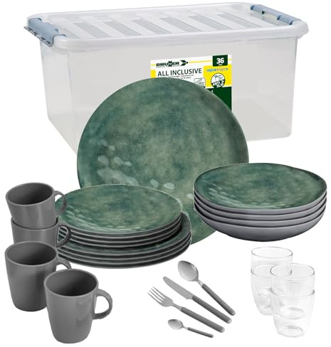 BRUNNER Campinggeschirr Melamin (Set 8 12 16 36 Teilig) Venetian Sea Green | Antislip (Antirutsch), 2-4 Personen, wie Steingut (StoneTouch), Bruchfest, Teller & Schüsseln, Wohnmobil Wohnwagen Boot