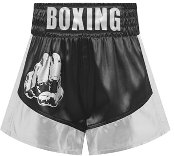 Oyolan Barn pojke boxningsshorts Muay Thai sparkar boxning MMA kampshorts sport elastisk midja metall, B svart silver, 9-10 ans