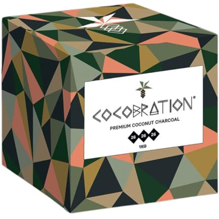 Cocobration Premium Shisha Kohle Kokoskohle Naturkohle Kokosnuss und BBQ Kokos Coal Briketts für Wasserpfeife & Grill Würfel Kohlen & Grillkohle mit Langer Brenndauer (26er, 1kg)