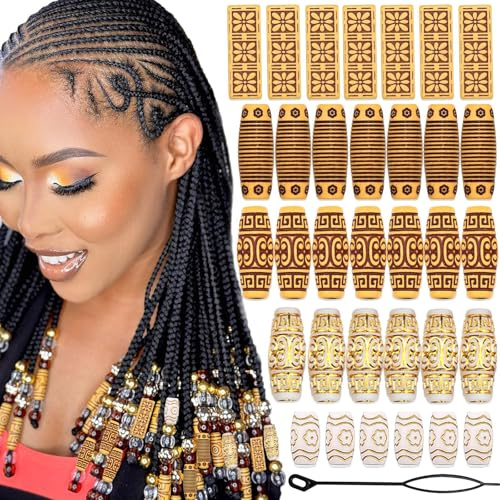 Auroriel 36 Pezzi Perle per Capelli per Trecce Perle di Legno Dreadlocks Gioielli Perle a Tubo con Infilafilamenti Accessori per Capelli per Donne Uomini Idea Regalo