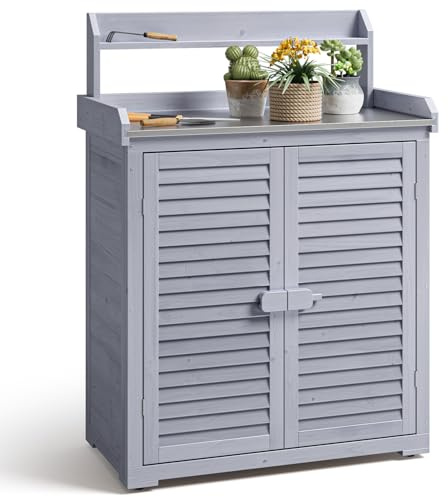 Blishom Pflanztisch aus Holz, Gartenarbeitstisch mit Schrank & Arbeitsplatte, Gärtnertisch mit Abnehmbaren Regalen & Haken, für Balkon, Terrasse & Garten, 85x46x120 cm, Grau