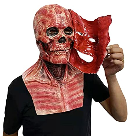 Halloween Totenkopf Maske mit Beweglichem Kiefer, Horror Gruselmaske Latex Vollkopfmaske Scary Mask Lächelnde Dämonenmaske Teufelsmaske Rot Hörner, Terror Angst Freitag im Hockey-Stil, Für Karneval