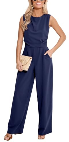 CUPSHE Combinaison Pantalon Femme Chic Col Rond Sans Manches Taille Plissée Jambes Larges Fluide Avec Poches Tenue Élégante pour Mariage Bureau Soirée Cocktail Bleu Marine XL
