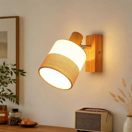 Glitzerlife LED Wandstrahler Holz Wandleuchte Innen - Wandlampe Vintage Wandspot E14 Schwenkbar 350° Retro Flurlampe Wand Stoffschrim für Schlafzimmer Küche, MAX.40W Ohne Leuchtmittel