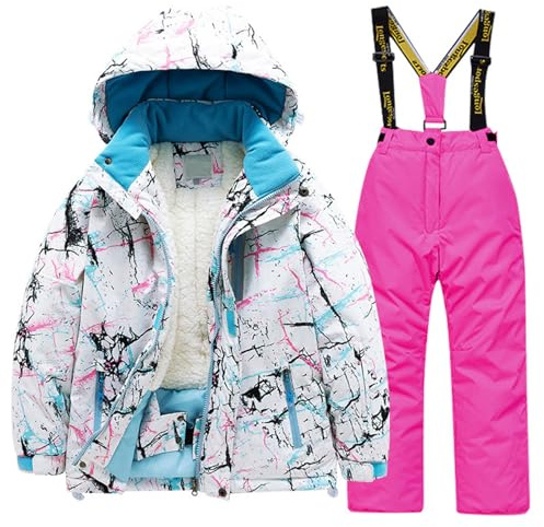 Generico Tuta Sci Bambino Tuta da Sci Ragazzo Giacca con Cappuccio e Pantaloni da Neve con Tasche Impermeabili(6-8 Years)