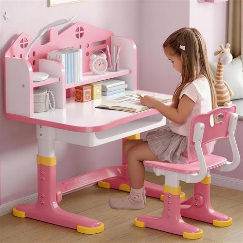 Aislerbee Ensemble de bureau pour enfant avec chaise réglable en hauteur, bureau d'apprentissage avec dossier château, surface de travail élargie, support de livre et tiroir de rangement pour chambre