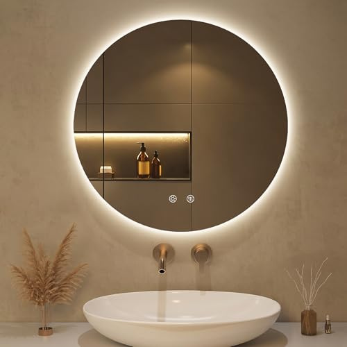 OUMUSU 50x50cm LED Badspiegel mit Beleuchtung Rund | Badezimmerspiegel mit Beleuchtung,Beschlagfrei,Touch-Schalter, Dimmbar,3 Lichtfarbe Einstellbare, Bruchsicher