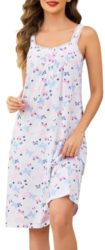 Vlazom Women's Nighties Sleeveless Lace Trim Nightdress Soft Elegant Ladies Sleep Shirt Lounge Dress with Buttons Butterfly Print,XXL