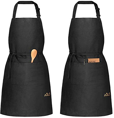 Viedouce 2 Pack Schürze,Baumwolle Kochschürze mit Taschen für Frauen Männer,Verstellbarem Schwarz Küchenschürze,Grillschürze,Backschürze,Chef Garten BBQ Schürzen,Einfach zu Reinigen, Schwarz