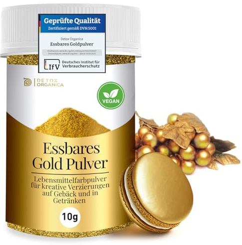 Detox Organica Goldpulver essbar, 10g Lebensmittelfarbe Gold ohne E171 | Goldstaub zum Backen und Dekorieren, Ideal für Torten, Kuchen, Schokolade und Getränke, Essbarer Glitzer