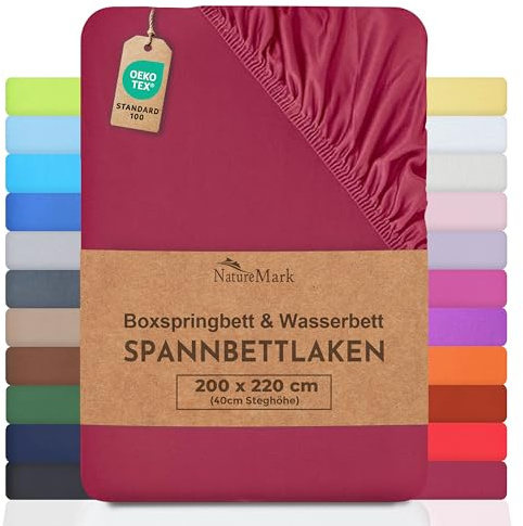NatureMark Basic, letto a molle e letto ad acqua, lenzuolo con angoli 200 x 220 cm, altezza 40 cm, lenzuolo con angoli elasticizzati 200 x 220 cm, 100% cotone, bordeaux rosso