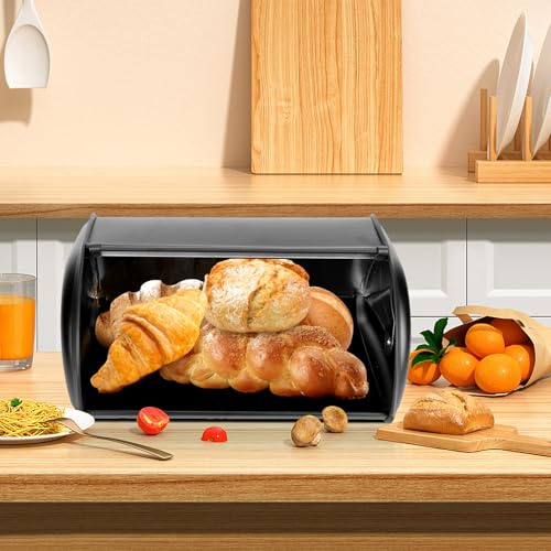 Pilipane Brotbox Schwarz Brotkasten für Küchentheke Brotbehälter aus Mattem Edelstahl Arbeitsplatte Brotbehälter mit Deckel,34 x 23x 14.5 cm,Große Kapazität Brot Aufbewahrungsbehälter für Home