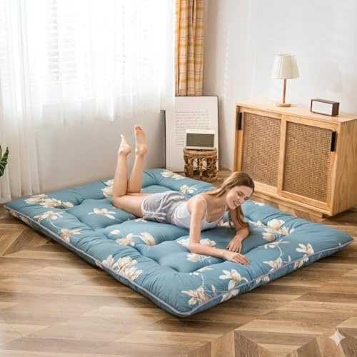 MAXYOYO Materasso da pavimento giapponese, materasso futon, tatami spesso, pieghevole, arrotolabile, per dormitorio, per pavimento (fiore blu, king (standard britannico))