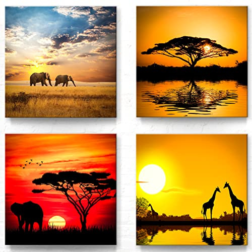 BilderKing 4 moderne Afrika Bilder als Leinwandbilder im Set - jedes Wandbild ist 30x30cm - Dekorieren Sie Ihr Wohnzimmer oder Schlafzimmer passend zu Ihrem Einrichtungsstil, Gelb Orange Motive Set-A