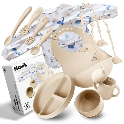 Navik | Juego vajilla bebe de silicona 12 piezas | Incluye plato ventosa dividido | vaso aprendizaje | cuchara | cuenco ventosa | +6 meses | beige