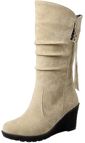 rismart Stivali Western Donna Polpaccio Medio Tacco a Zeppa Foderato con pelliccia sottile Camoscio Scarpe Invernali Beige,38