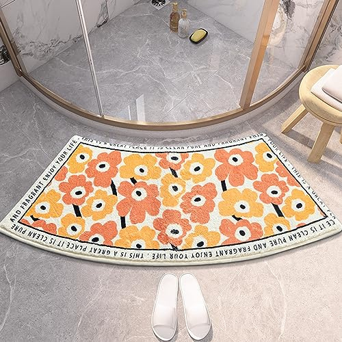 UVCMDUI Duschvorleger Halbrund, Weicher Saugfähige Duschvorleger Eckdusche mit Blumenmuster, rutschfeste Gebogene Duschmatte für Runddusche, Maschinenwaschbar,Orange,40x75CM(17.7x29.5IN)