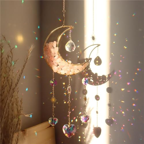 Cnwinu Crystal Suncatcher, Gold Moon Catchers Hanging with Chain Pendant Ornament, Rainbow Sunlight Deco, Wind Chimes for Window Bedroom Car Home Garden Party Decorations (Hourglass Moon Pink)