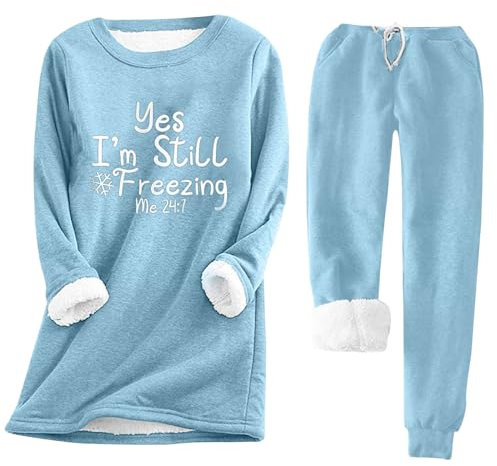 Frauen Elastische Taille Bedruck Schlafanzug Weich Winter Samt Hose Damen Komfort Zwei Stück Set Lange Ärmeln Rundhalsausschnitt Oberteil Freizeitanzug 2-Teilig Warm Fleece Im Haus (Light Blue, XXXL)