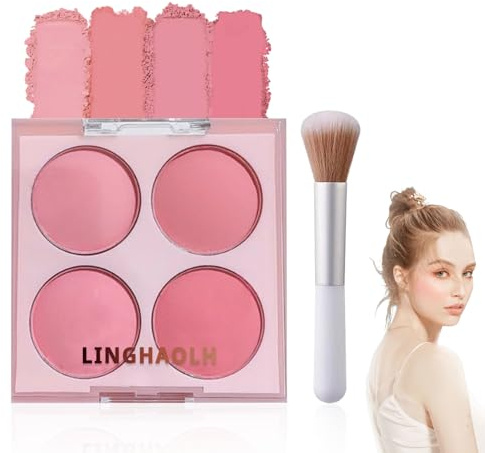 4 Colors Blush Palette for Cheeks,Face Matte Contour Blush Makeup Palette,Buildable Shimmer Facial Cheek Blusher Shades,Blendable Cosmetic Makeup Blush with Blush Brush 01