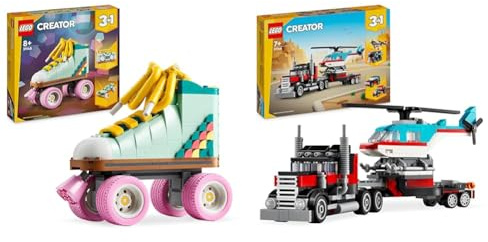 LEGO Creator 3 in 1 Pattino a Rotelle Retrò Trasformabile in Mini Skateboard o Radio & Creator 3 in 1 Autocarro con Elicottero, Giochi per Bambini e Bambine da 7 Anni