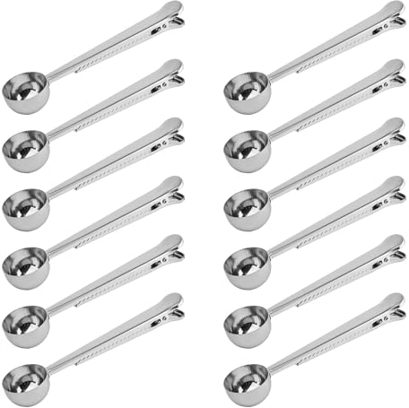 Cuchara de café con clip, 12 unidades, cuchara medidora de acero inoxidable con clip, cuchara de café para café molido, cuchara medidora para café molido y frijoles, té, azúcar, leche en polvo, helado
