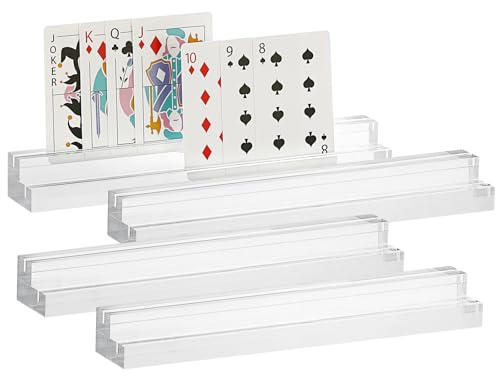 SUMTree 4 PCS Clear Acrylic Trapezium Playing Card Holder Stand with Dual Groove, Poker Card Uno Card Racks Holder Curved Table Number Card Display Stand, 25 * 4 * 3cm